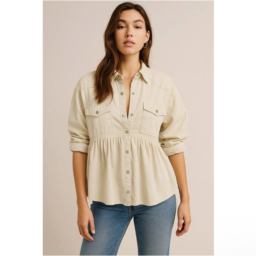 We The Free by Free People "Dylan" Peplum Cotton Denim Shacket – Women's Large - Picture 1 of 13